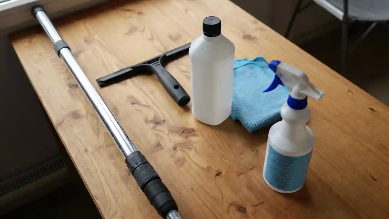 Screen cleaning tools including squeegee, extension pole, and spray bottle